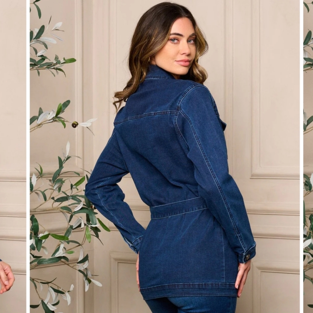 ๐ทWOMEN'S LONG SLEEVE BUTTON CLOSURE SELF TIE DENIM SJACKET - Picture 3 of 3